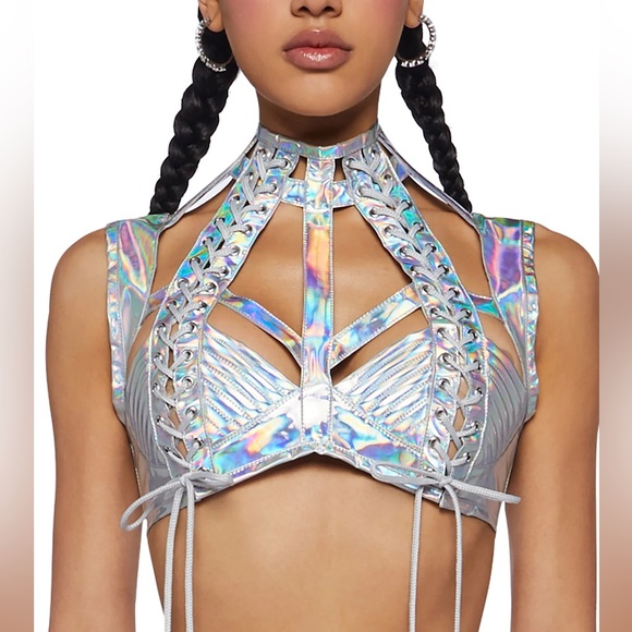 💔SOLD💔 CLUB EXX Rude Awakening Holographic Lace Up Harness Rave Bra Top Silver - Picture 8 of 11